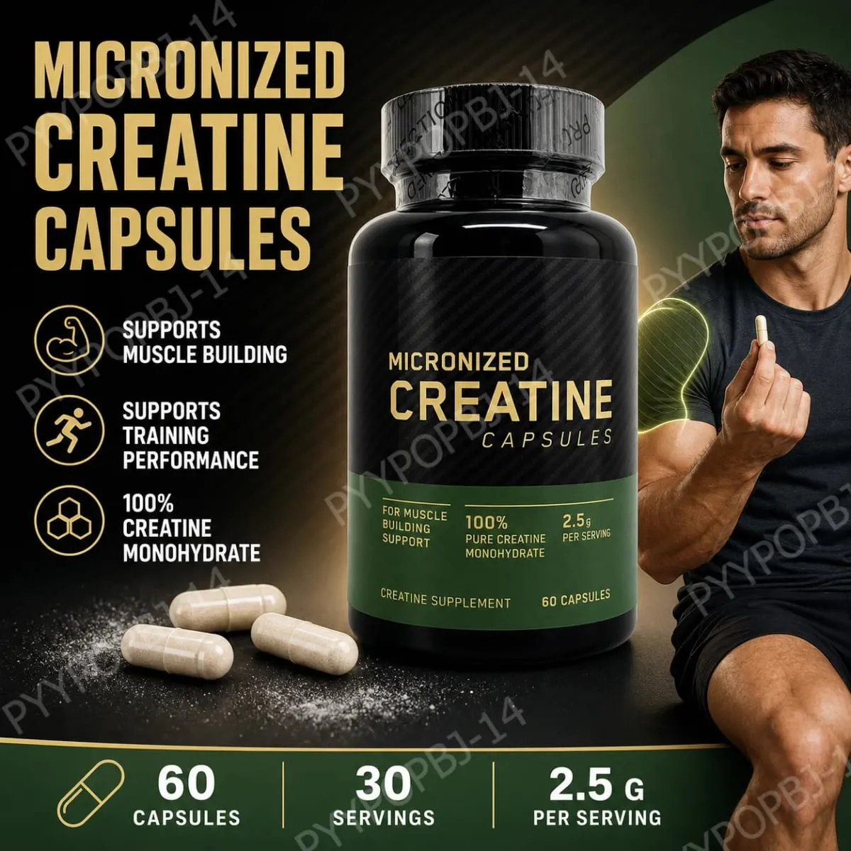 Micronized Creatine Capsules 100% Pure Creatine Monohydrate Muscle Building Support for Adults Sports Per Container 60 Capsules