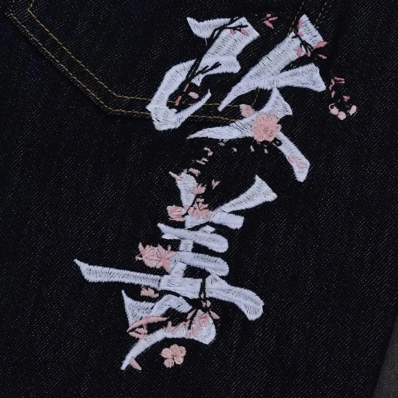 hip hop unisex woven Fromszn raw baggy jeans Y2K retro art font embroidery black jeans Harajuku washed patchwork wide leg pants