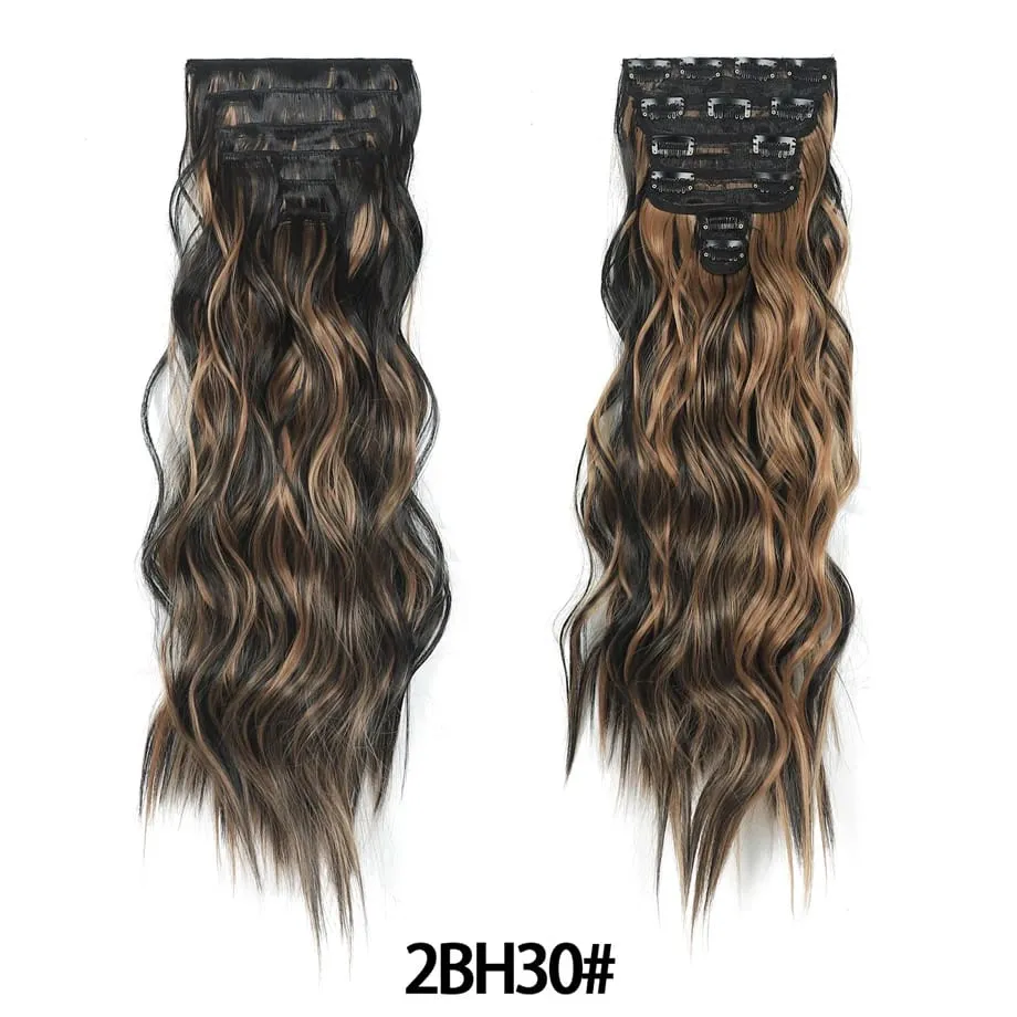 6PCS Clip in Hair Extensions Honey Blonde Mixed Light Brown 24 Inch Long Water Wavy Synthetic Hair Extensions For Women Use
