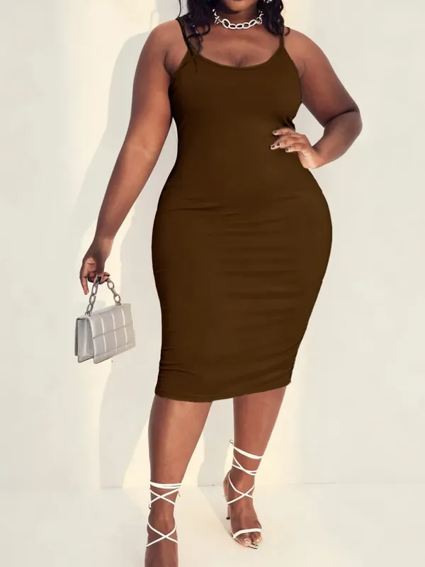 Plain Solid Low Scoop Neck Mid-Length Silhouette Wide Color Range Plus Size Knit Spaghetti Strap Maxi Dress Skin Friendly Comfort Modern Fashion Casual All Season Daily Wear Sleeveless Dress For Curvy Females