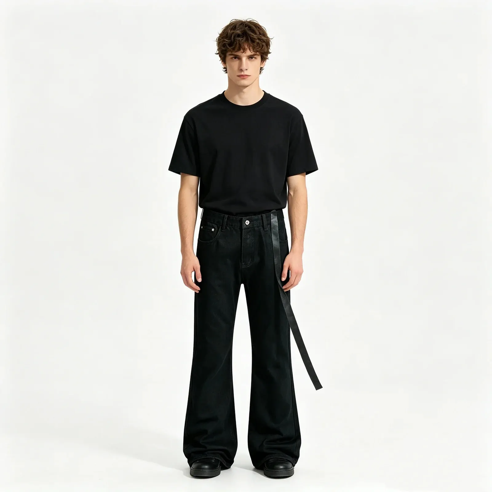 Vintage Washed Black Slim Fit Flare Jeans Long Ribbon Y2k Streetwear Casual Skinny Bell Bottom Jeans Distressed Fashionable