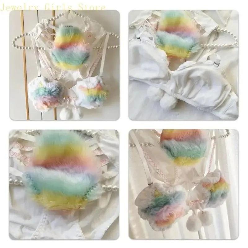 Estetická sada plyšové podprsenky a kalhotek Rainbow Star pro ženy Podprsenka Spodní prádlo Chlupaté spodní prádlo Anime Cosplay Outfit 2 kusy