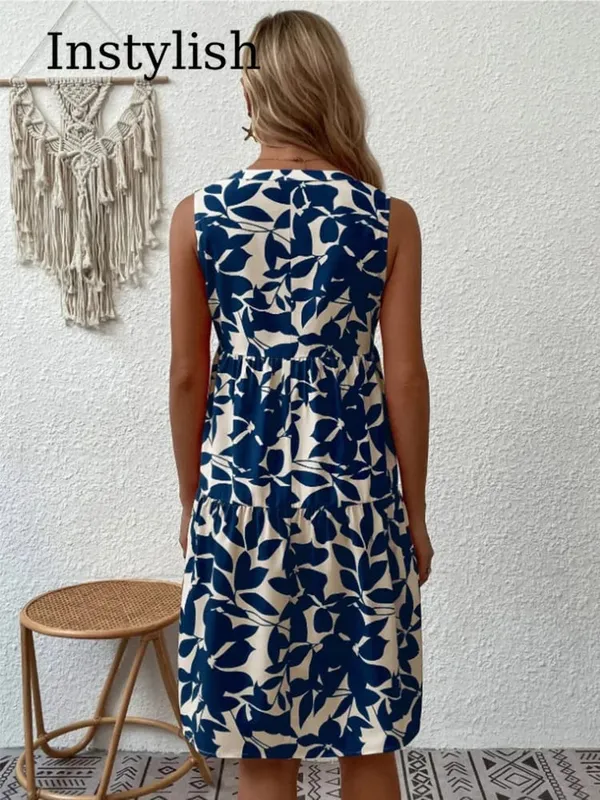 Gaun Mini Gambar Boho Wanita Gaun Tank A Line Ruffle Leher V Tanpa Lengan Elegan Musim Panas Gaun Sundress Pesta Pantai Ukuran Besar Longgar Kasual
