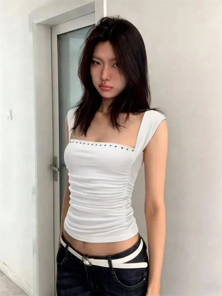 Y2k Women Tank Top Summer Slim Square Collar Sexy Tops Short Sleeve Street Fashion Black Crop Top American Hot Girl Design Sense