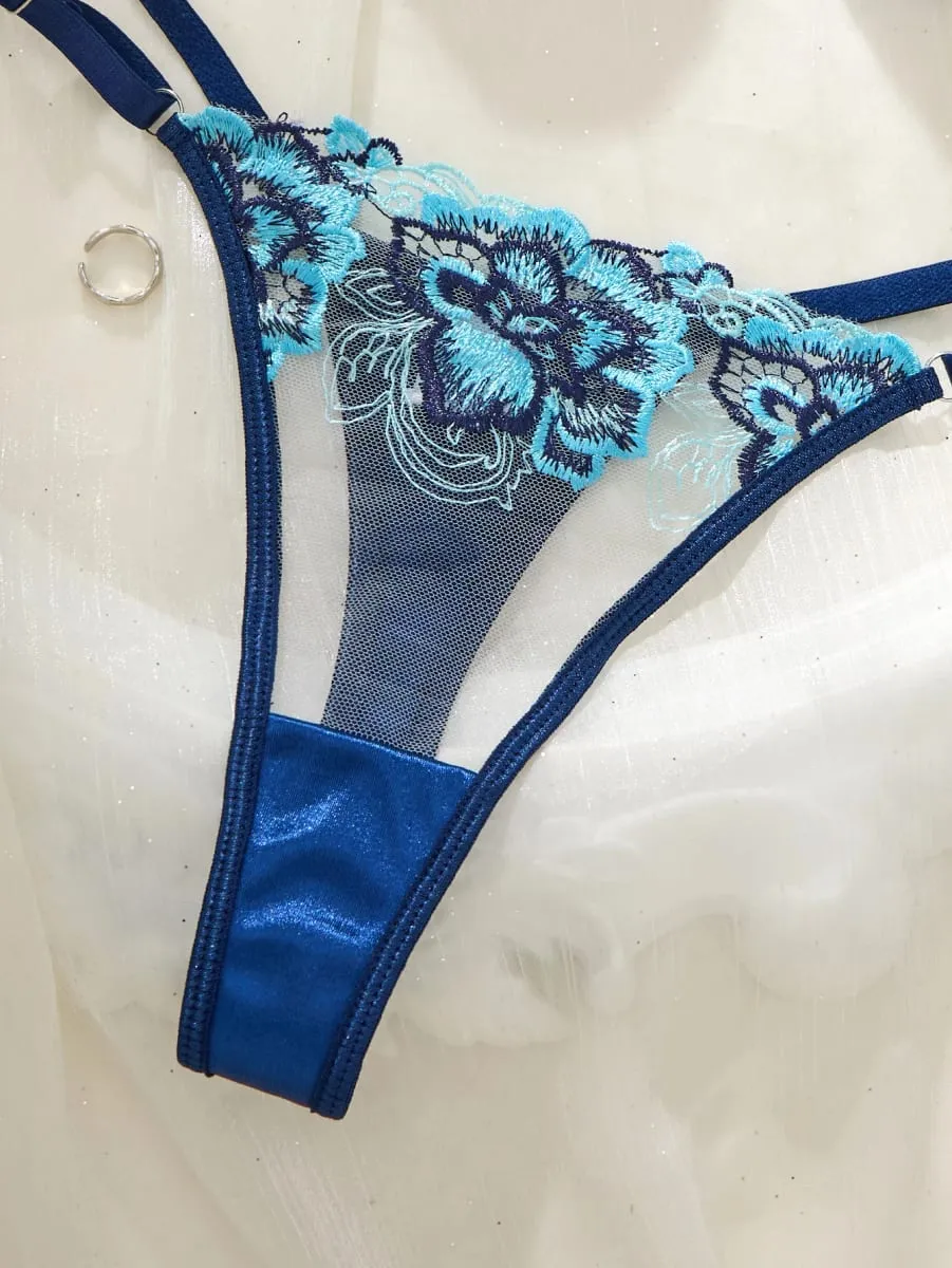 Vintage Blue Satin Lingerie Set Contrast Floral Embroidery Sheer Mesh Underwire Bra Adjustable Strap Thong Panties For Women