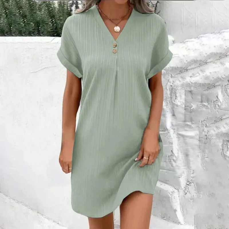 Women's Summer Solid Color Simple Short-Sleeve V-Neck Shirt Dress Comfortable Casual Elegant Loose-Fit Dress with Button Desig