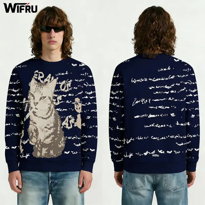 Vintage Cat Portrait English Letter Graphic Pullover WIFRU Harajuku Aesthetic Long Sleeve Crewneck Top Unisex Casual Streetwear — image 9
