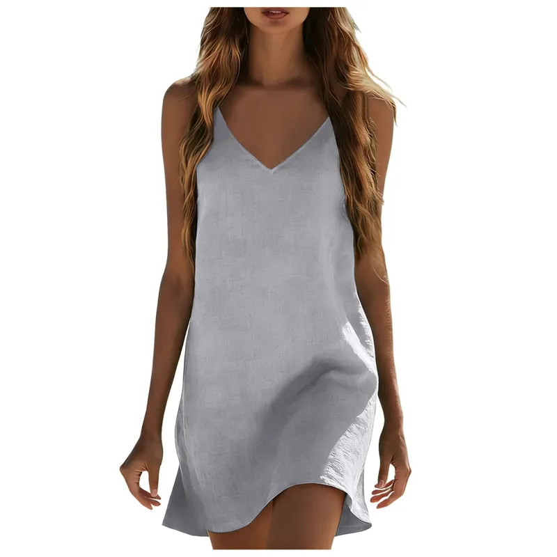 Cotton Linen Dresses For Women Summer Sleeveless V Neck Mini Dress Loose Fit Casual Beach Vacation платье летнее