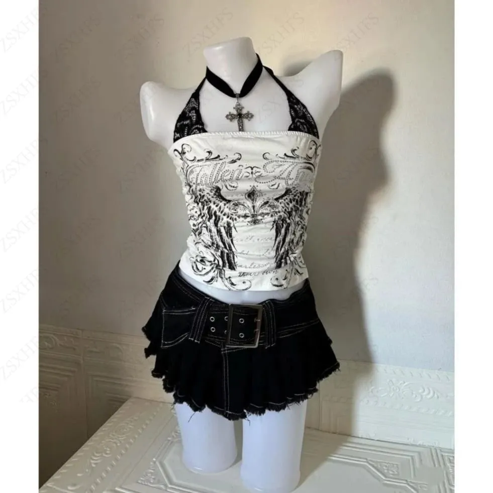 Sexy Lace Y2k Halter Tops Women Clothing Gothic Punk Girl Summer Sling Body Tees Grunge Slim Corset Harajuku Kpop Crop Top Emo