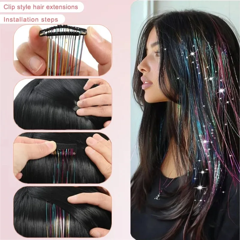 20 Inch Synthetic Hair Extensions -12 Piece Set of Colorful Glitter Hair Accessories Suitable for Girls' Party Birthday Gifts