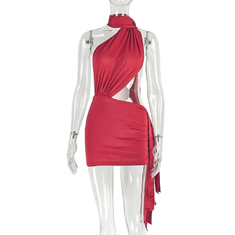 Asymmetrical Tassel Halter Backless Mini Dresses White Red Sexy Club Outfits for Woman Birthday Dinner Dress D17-CC20