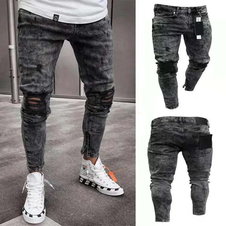 Denim Pant Men Jeans Vintage Pencil Pants High Waist Distressed Hole Skinny Trousers Zipper Hem Y2k Streetwear Splice Casual