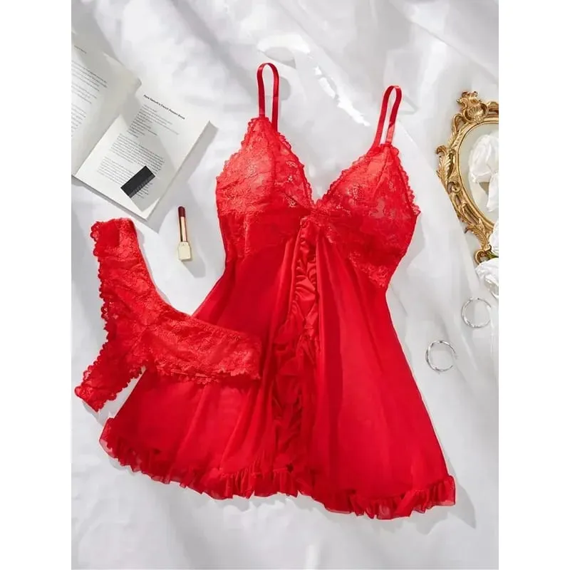 Women Lace Lingerie Set Solid Soft Slim Bra Nightdress Sexy Sleepwear For Women