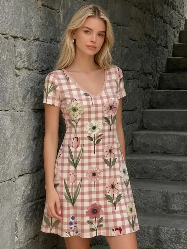Womens V Neck Floral Print Short Sleeve Swing Dress Casual Flowy Summer Mini Dress for Everyday Wear Holidays Travel and Parties
