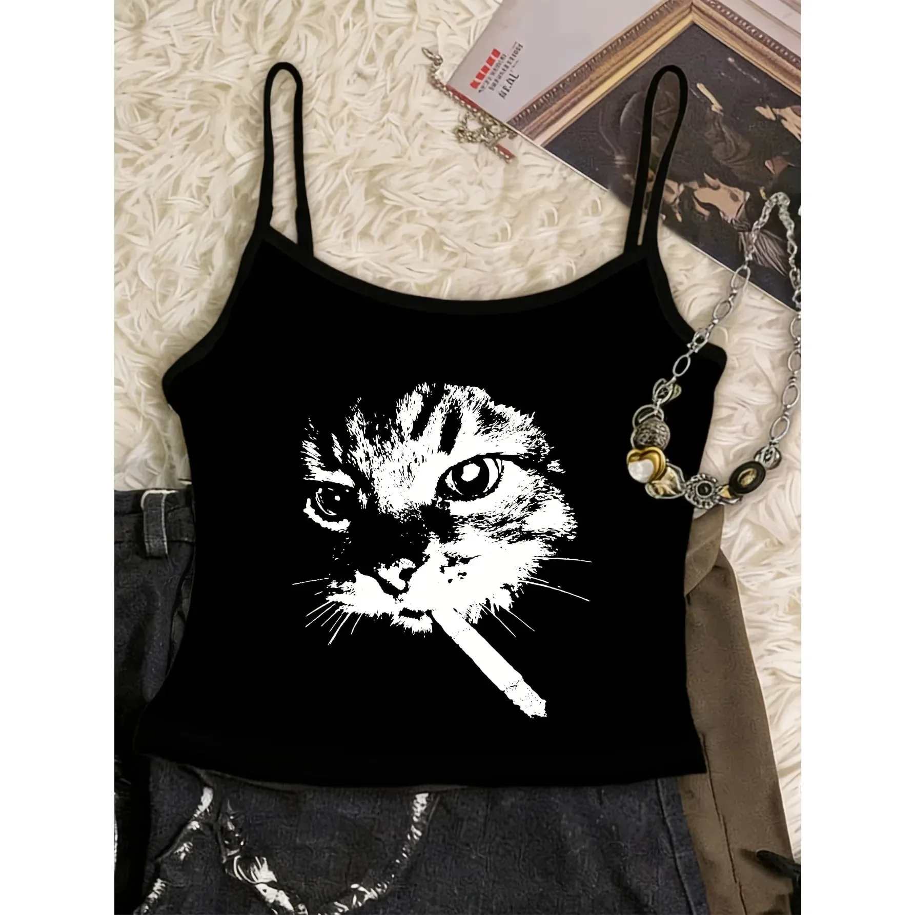 Trendy Retro Smoking Cat Print Camisole Top Y2k Style Streetwear Spring/Summer Women's Vest Graphic Crop Top Tank Top