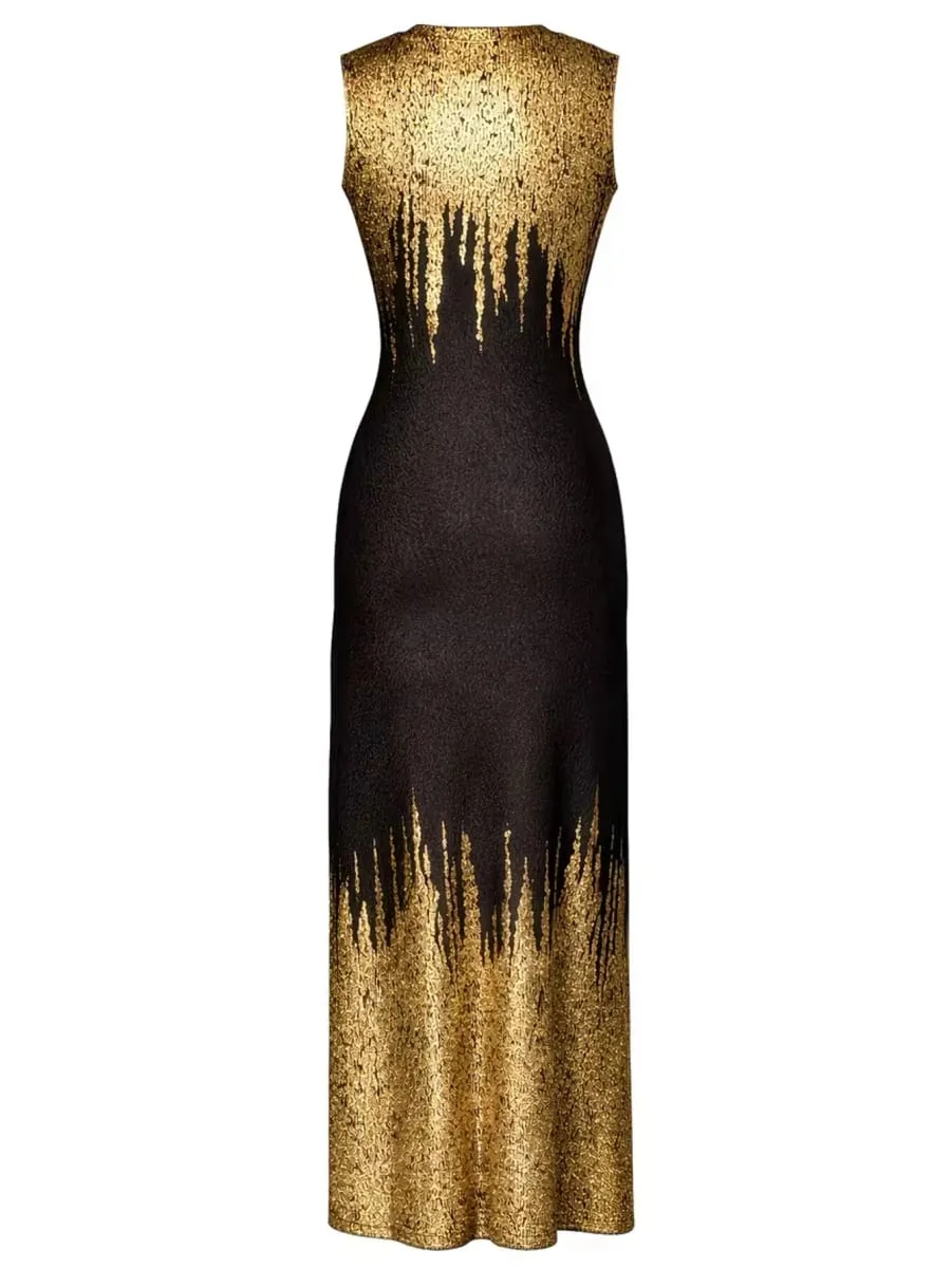 Womens Elegant Round Neck Sleeveless Wedding Evening Party Floor Length Black Gold Mermaid Hem Sequin Formal Dress