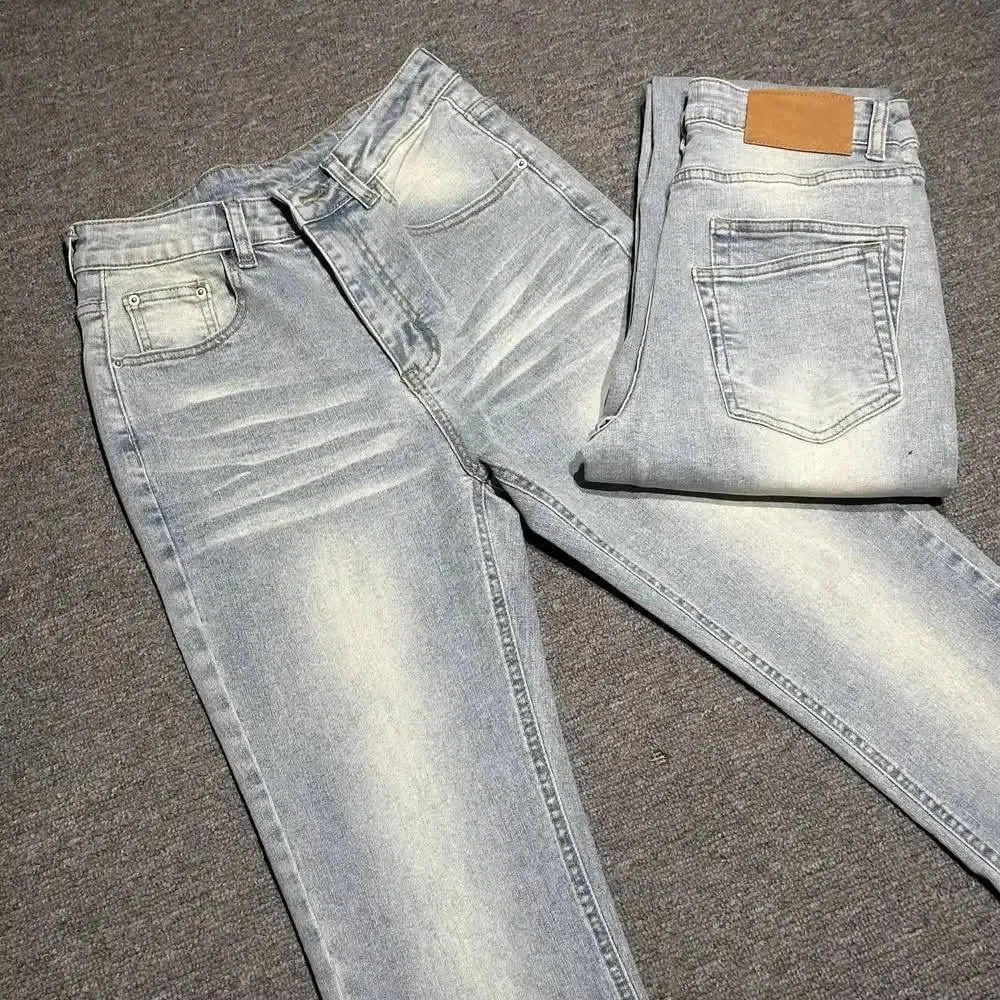 Man Jeans Designer Menswear Clothing Luxury Washed Light Blue Cat Whisker Slim Elastic Jeans Men's Thin Straight Scimitar Pants