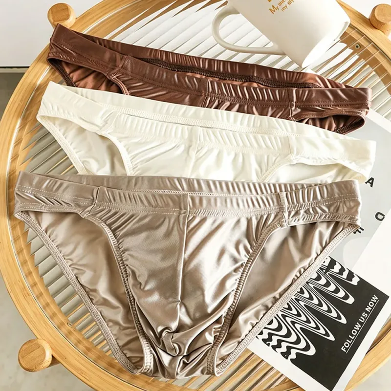 Men's Silky Satin Briefs Sexy Low Rise Underwear Soft Stretchy Bikini Panties Shiny Smooth Butt-lifting Briefs Fitness Underpant