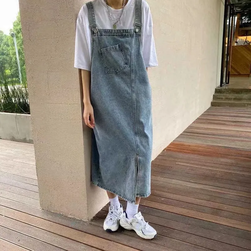 New Irregular Split Cowboy Denim Dress Women Sleeveless Jeans Dresses Fashion Female Solid Casual Loose Strap Dresses