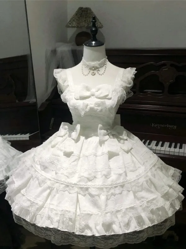 Lolita Kawaii Y2k Long Sleeve Strap Dress Japanese Knee-Length Women Elegant Lace Bow Patchwork Ball Gown Sweet All Season