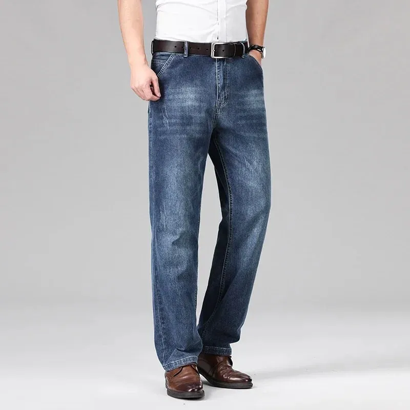 2026 Summer Men's Business Casual Thin Straight Jeans 90% Cotton Soft Stretch Fabric Baggy Denim Pants Male Brand Trousers
