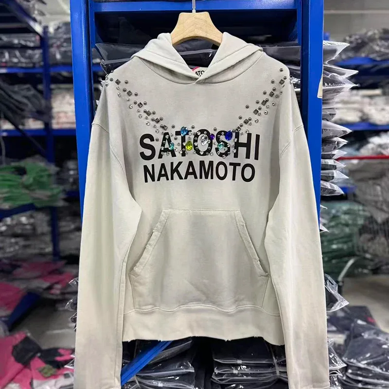 26SS Autumn Winter New Arrival Satoshi Nakamoto Hooded Sweatshirts Destructo Studded Washed Cotton Hooded Unisex Pullover