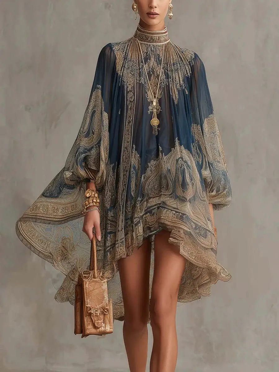 New European-style High-neck Printed Chiffon Dress with Loose Casual Vacation-themed Shawl Sleeves.