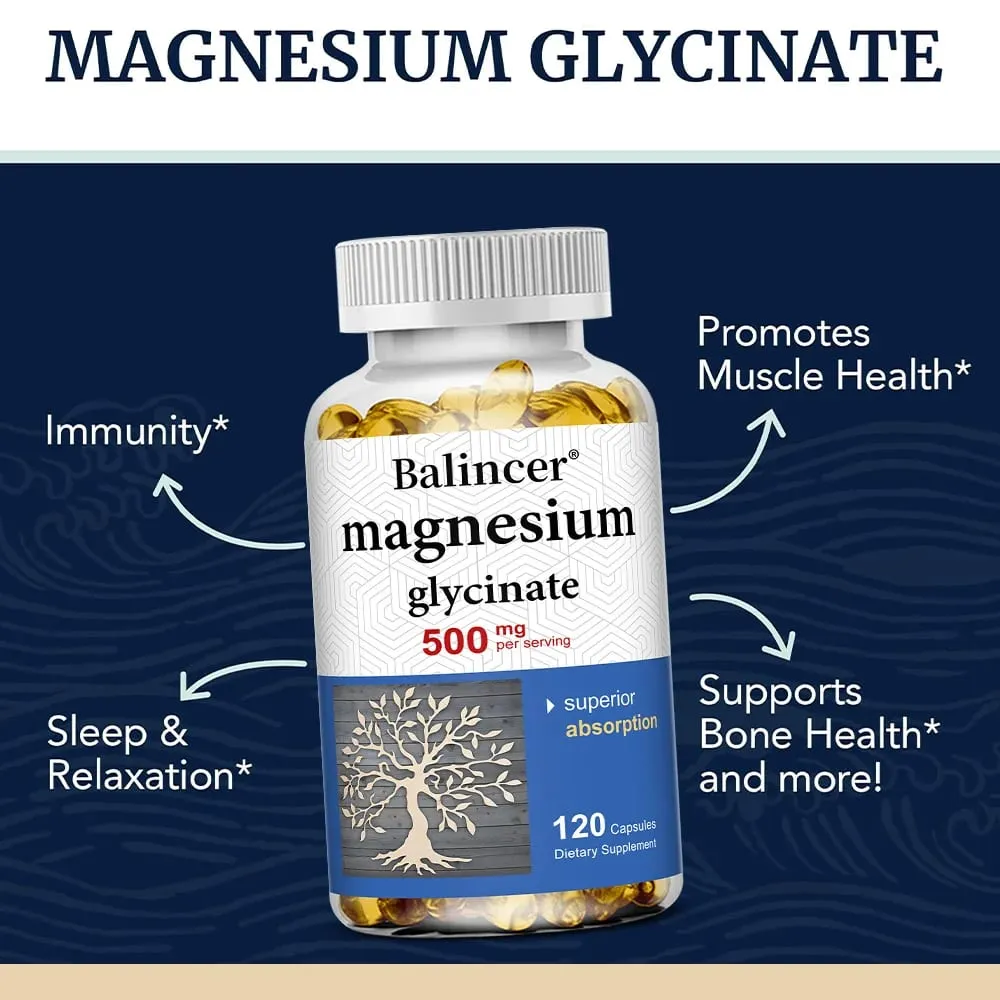 Magnesium Glycinate 500 Mg - 30/60/120 Capsules High Absorption Dietary Supplement for Sleep Heart & Muscles Health NON-GMO