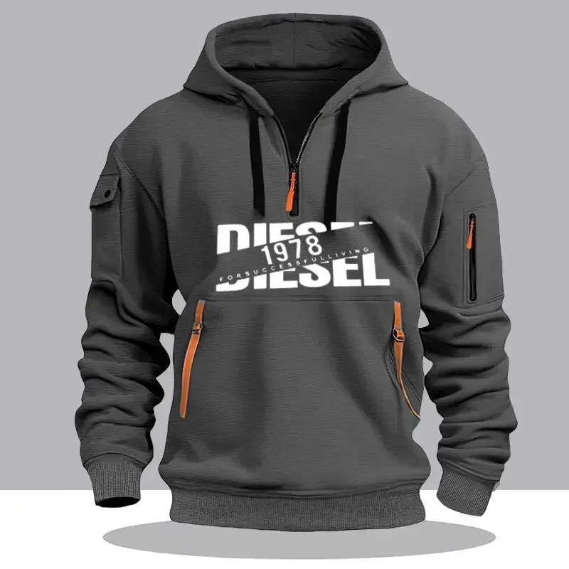 Men Casual Hooded Collar Drawstring Hoodies Sweatshirts Long Sleeve Shirts Outdoor Streetwear Lightweight Zipper Design Pullover