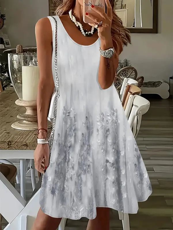 2026 Summer Women's Sleeveless Dresses Knee-Length Round-Neck Dresses Beach and Vacation Casual Dresses Printed Women's Dresses