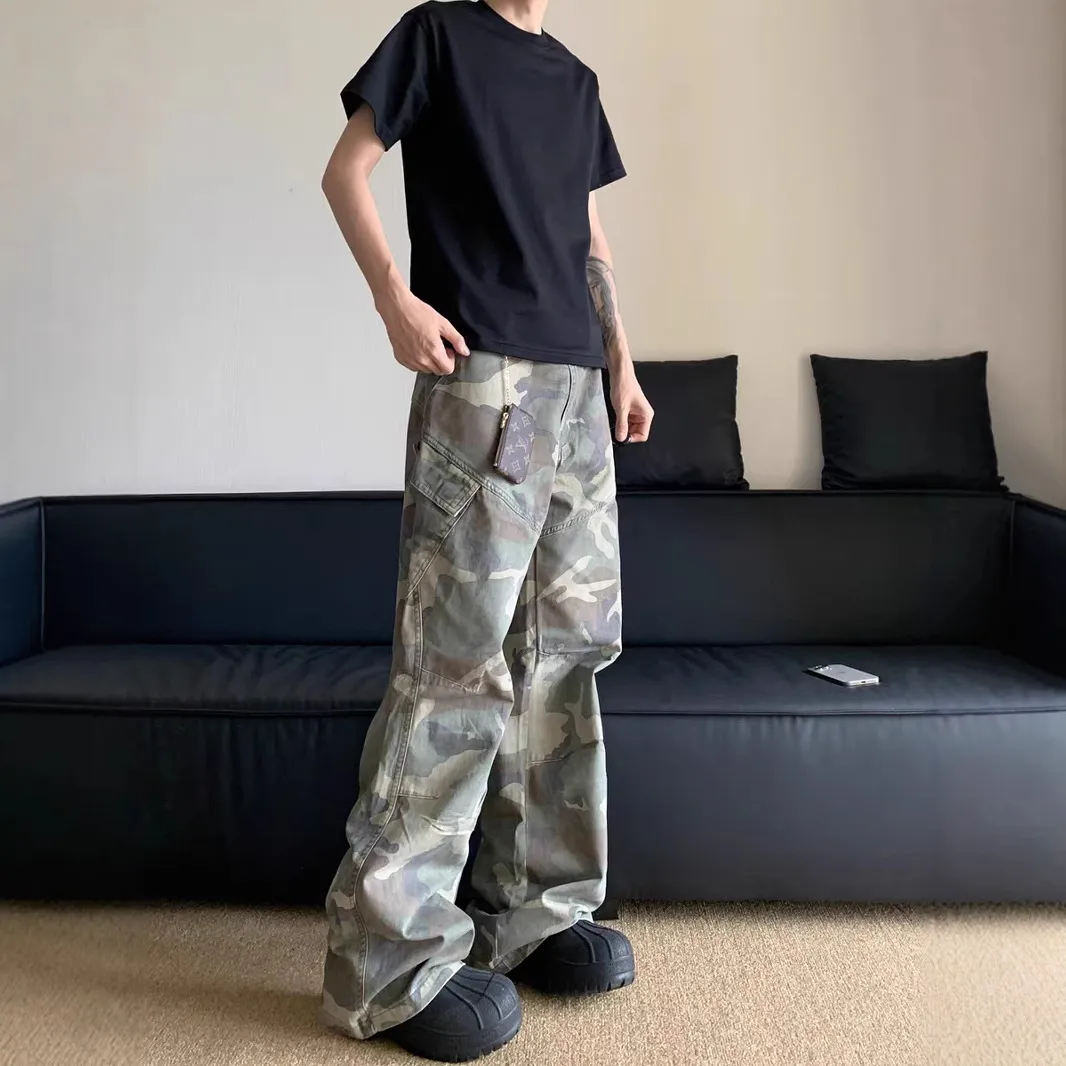 Mens Camouflage Cargo Pants Slim Straight Hiphop Jeans High Street Multi Pocket Micro Flare Trousers Streetwear