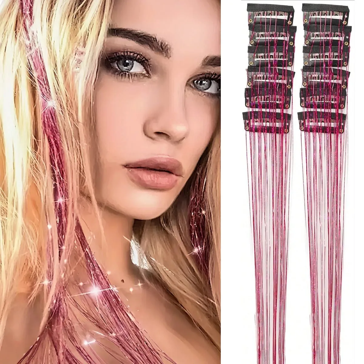 12Pcs Synthetic Hair Tinsel Clip in 20Inch Glitter Tinsel Hair Clip in Hair Tinsel Kit Heat Resistant Shiny Sparkle Fairy Hair