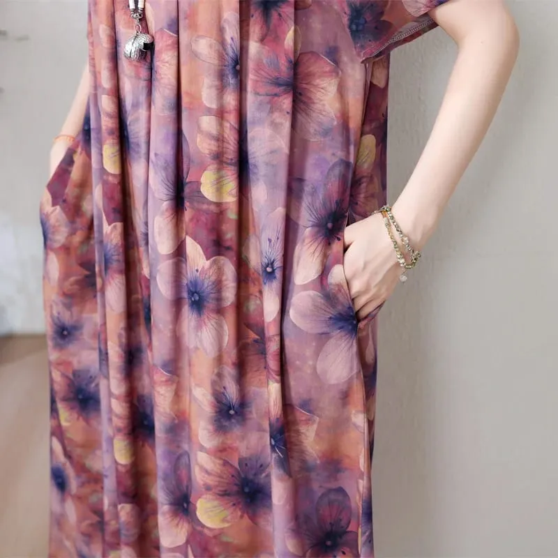 Yeni Moda Rahat 2026 Yaz Elbiseler Kadınlar Için Vintage Kısa Kollu O-Boyun Baskı Gevşek Çiçek Elbise Kadın Giysileri