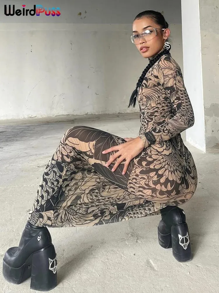 Weird Puss Mesh Print Dámské Maxi Šaty Rolák s rukávem Bodycon Podzim Trendy Bokovky High Street Party Y2K Oblečení