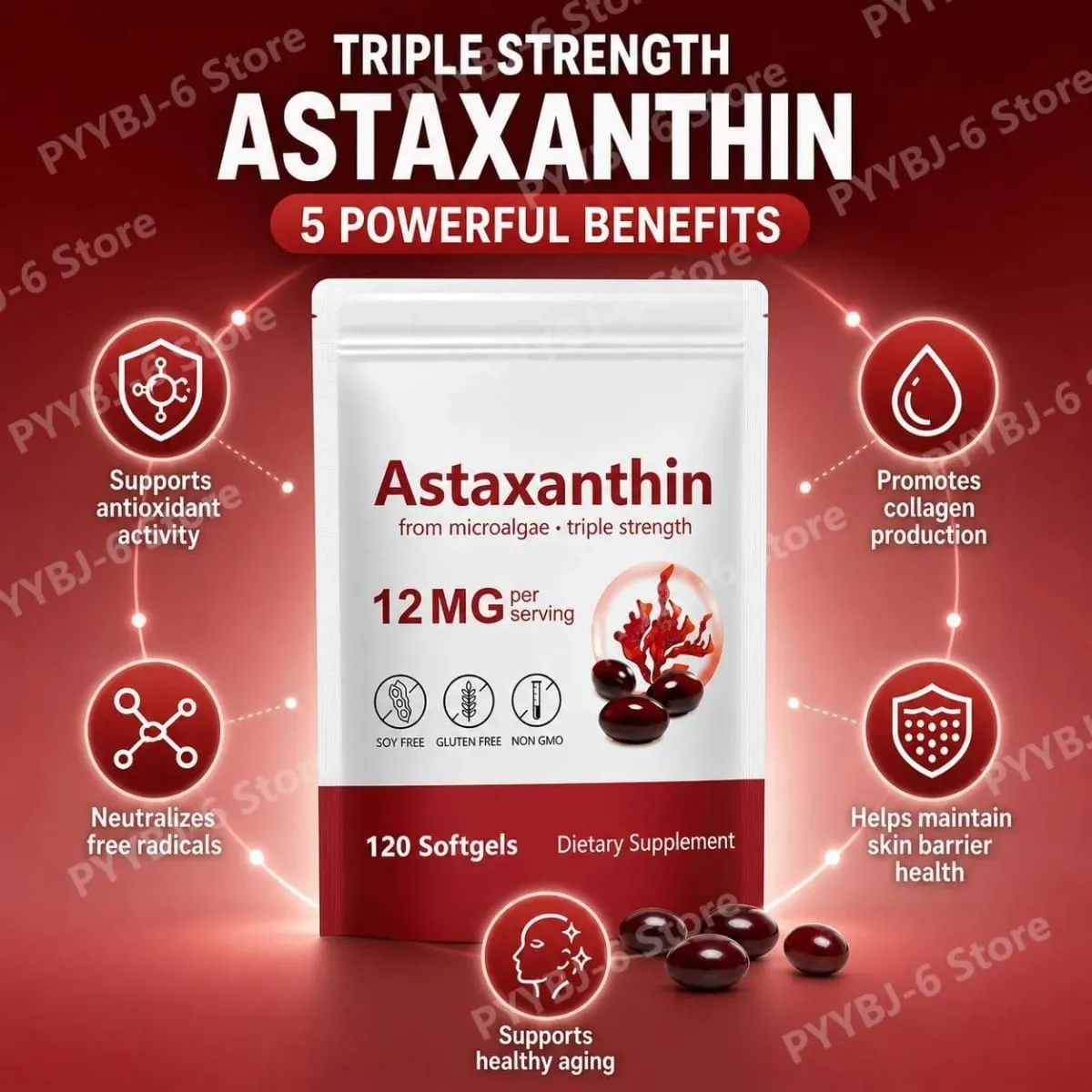 Astaxanthin Softgels Triple Strength From Microalgae Υποστηρίζει την υγιή γήρανση Προωθεί το κολλαγόνο που υποστηρίζει το φραγμό του δέρματος 120 Softgels