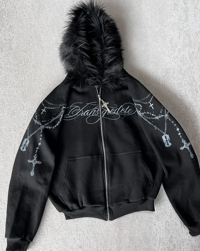 American Retro Rock Gothic Graphic Fur Collar Loose Zipper Sweatshirt Men's Y2K New Harajuku Punk Casual Joker Hoodie Streetwear