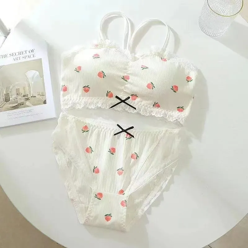 Quần lót mới sinh viên đồ lót nữ dễ thương in hình trái cây lưng có miếng đệm Bộ áo ngực không có vòng thép áo ngực quần