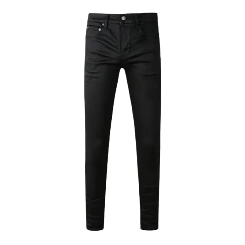 Men's High Street Black Coated Denim Jeans Washed Skinny Fit Embroidered Letter Motif Button Fly Versatile Year‑Round Outfit