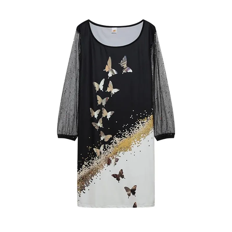 2024 New Spring-style Round Neck Sequins Perspective Gauze Lady Dress