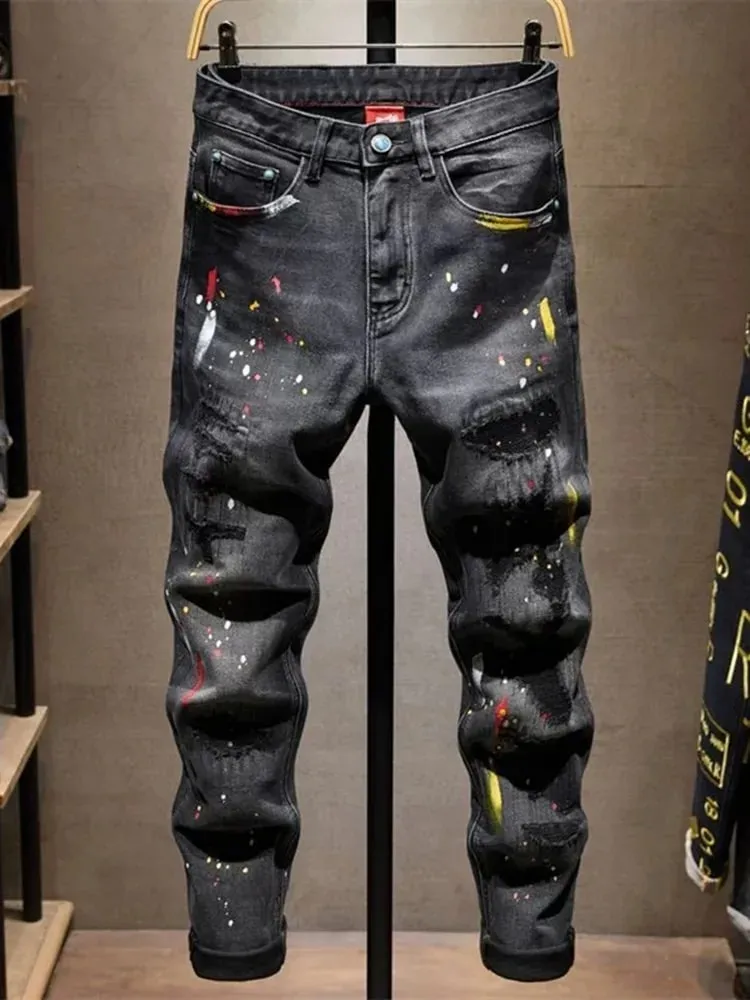 Autumn and Spring New Fashion Trend Printed Straight Leg Ripped Jeans Men's Casual Slim Fit Sports High Quality Denim Pants