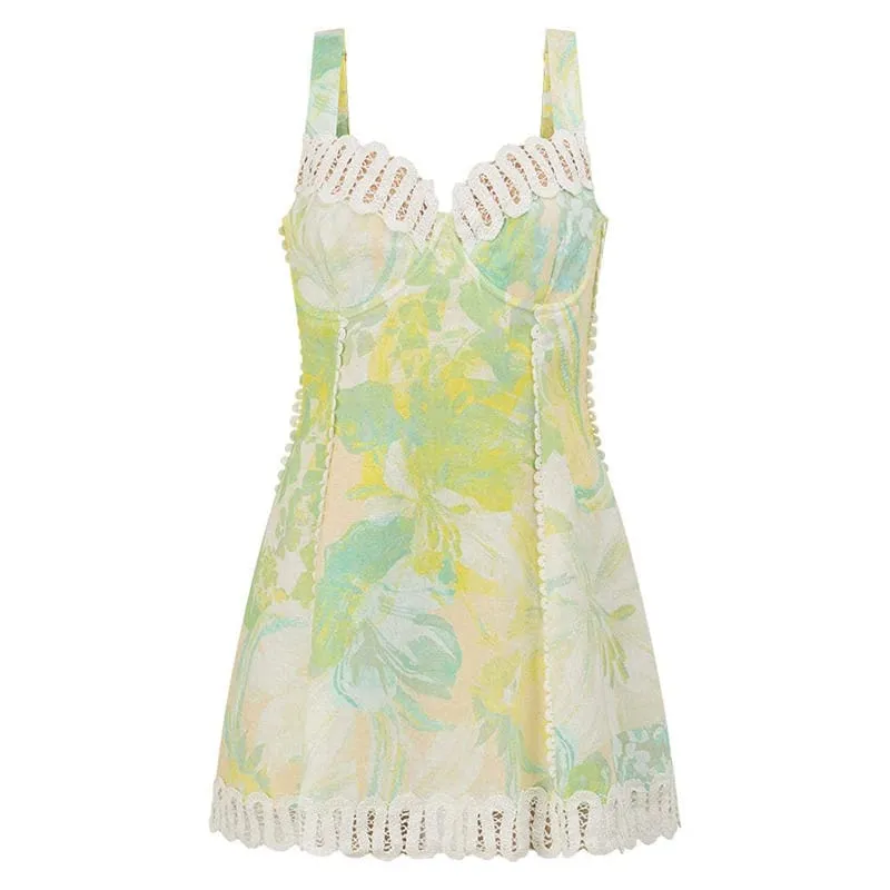 Summer New Sleeveless High Waist A-line Dress Lady Elegant Pleated Beach Party Short Dress Casual Printed Lace Halter Mini Dress