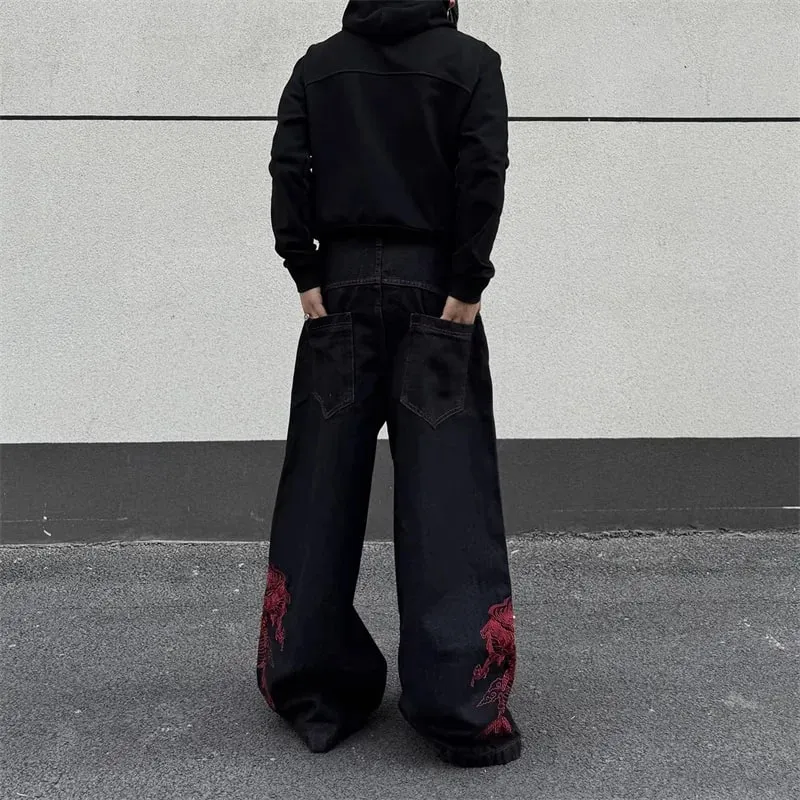 2026 New Side Red Dragon Embroidery Baggy Jeans For Men Y2K Streetwear Punk Fashion Denim Pantalones American Retro Hip Hop Jean