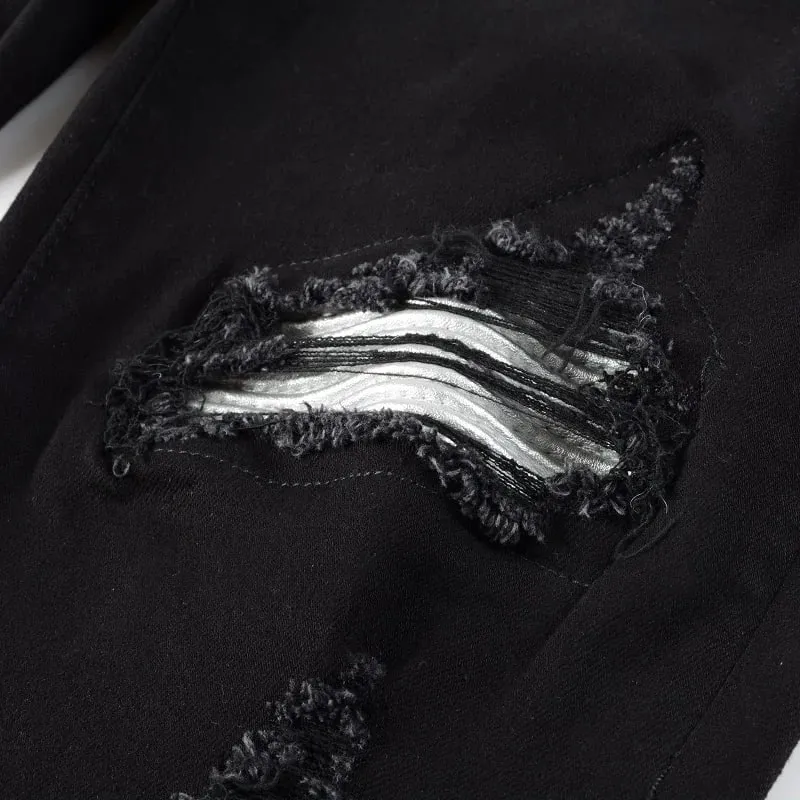 ผู้ชาย Cracked Silver หนัง Patch Biker กางเกงยีนส์ Streetwear Skinny Tapered ยืดกางเกงยีนส์กางเกง Ripped Patchwork กางเกงสีดำ