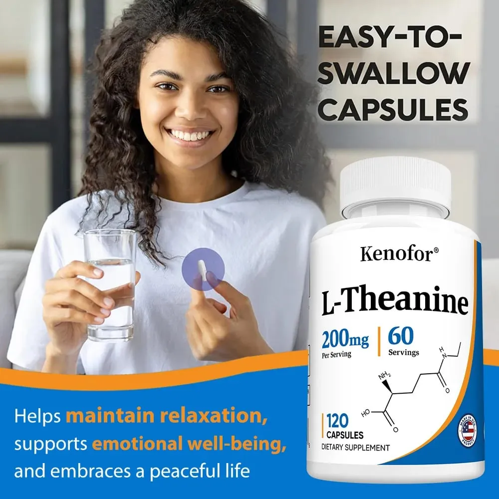Premium L-Theanine Capsules 200 Mg Stress Management Healthy Mood and Enhanced Focus Vegan Gluten-Free 120 Capsules