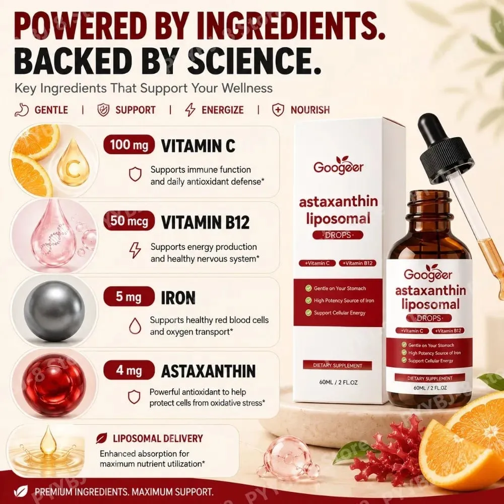 Googeer Liposomal Astaxanthin Drops with Vitamin C To Support Iron Absorption Vitamin B12 for Blood and Nerve Health 60 ML