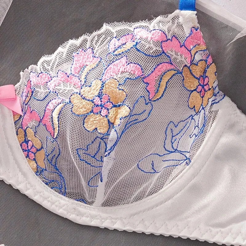 Women's Lingerie Sweet Floral Embroidered Lingerie Set Underwire Push Up Bra Panties Sets Elegant Mesh Underwear Soft Intimate