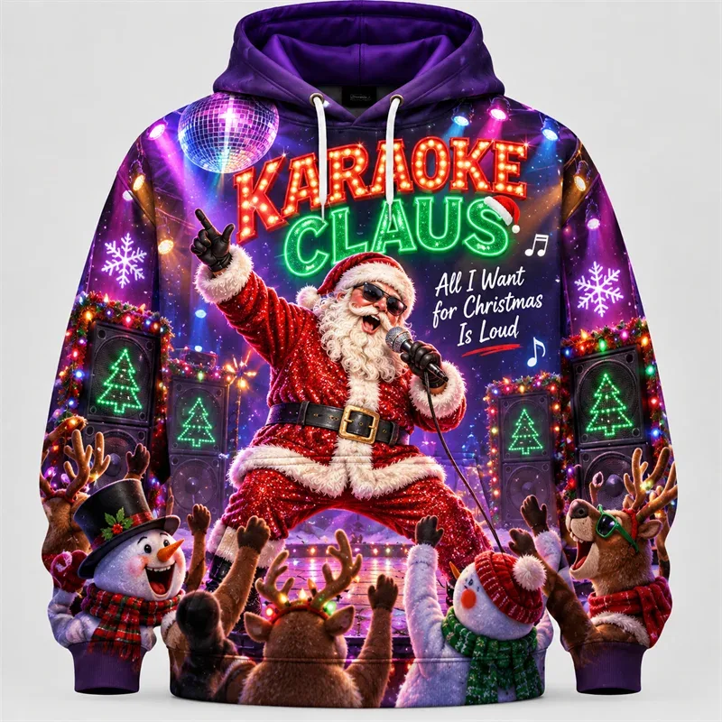 Funny Santa Christmas Hoodie 3D Print Karaoke Sleigh Repair Laundry Snack Holiday Party Pullover Winter Streetwear Gift
