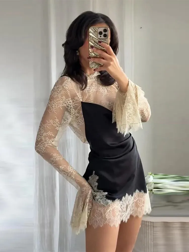 Elegant Women's Lace Trim Satin Dress High Neck Bell Sleeve Vintage Black Party Clubwear Chic Cocktail Mini Dresses Chic Outfit