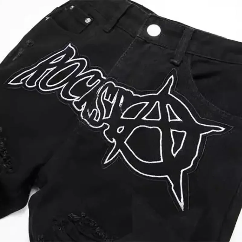 Autumn And Winter Retro Black Ripped Jeans Men'S Straight Leg Pants Pentagram Patch Casual Jeans Pants