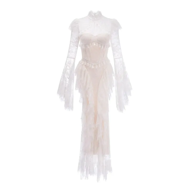 Summer Stand Collar Lace Tassel Hollow Out Flare Sleeve Dress Women Boned Waist Tiered Mermaid Dresses New 3A2709